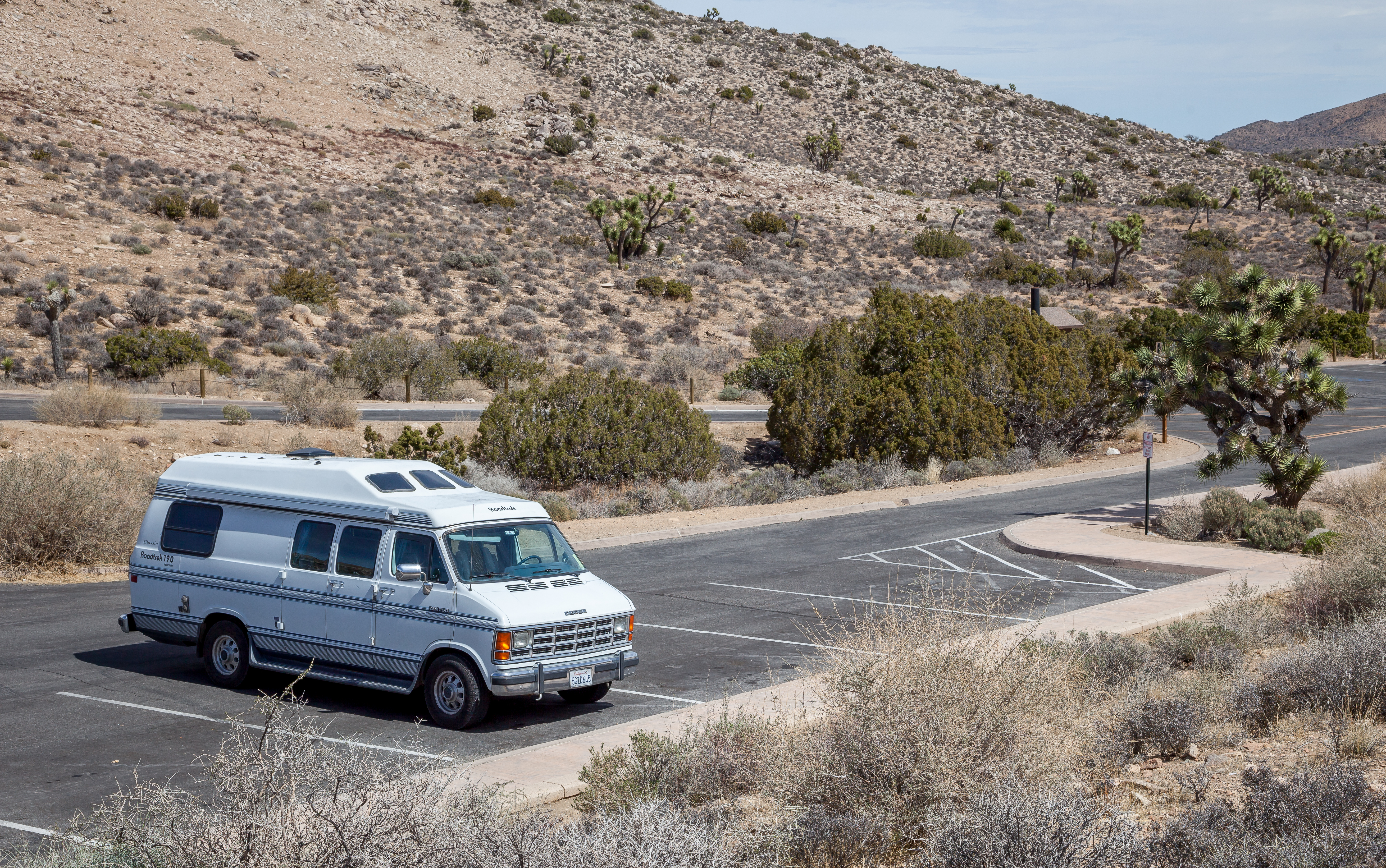 my van in a parking lot in Joshua Tree National Park