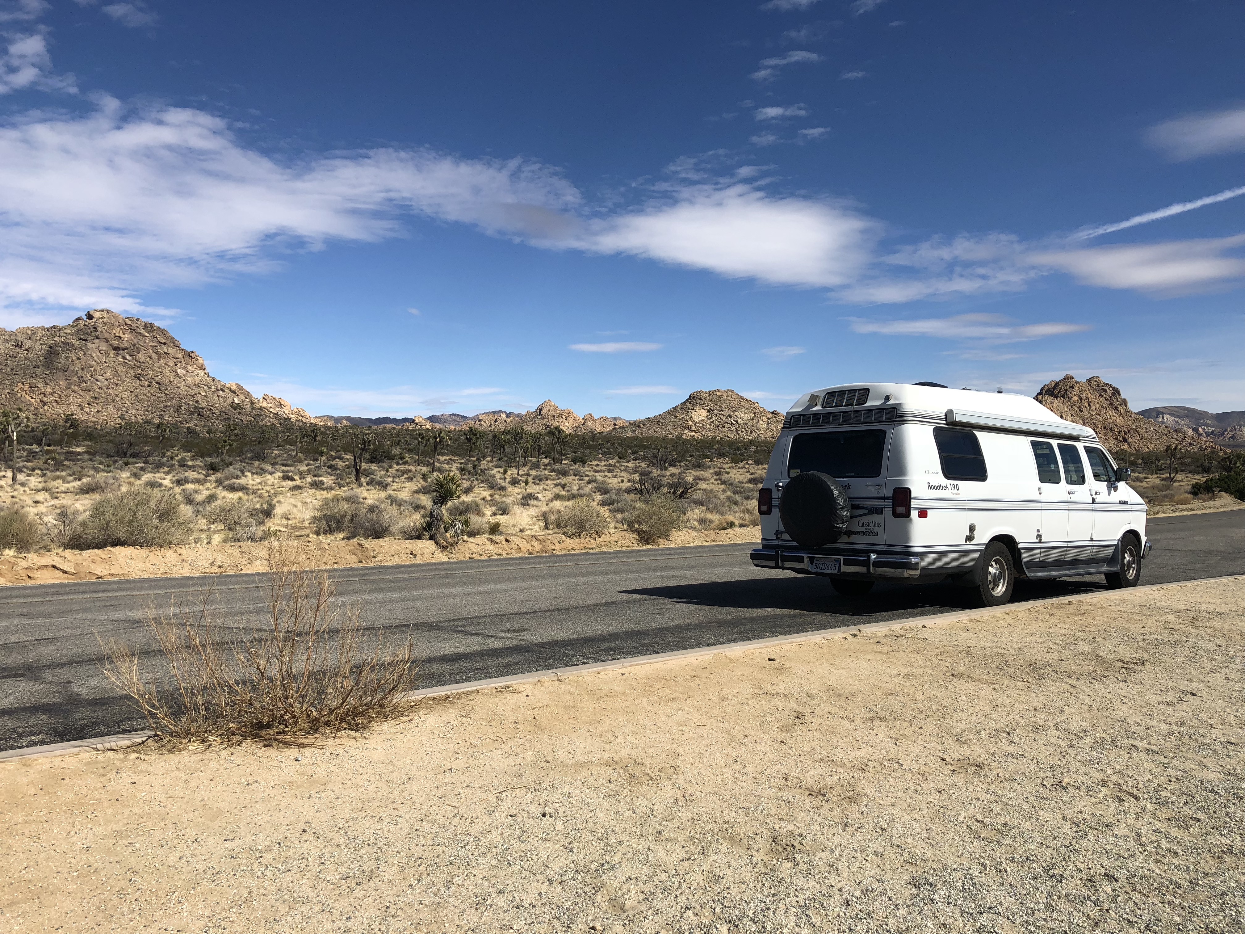 my van on a road in Joshua Tree National Park