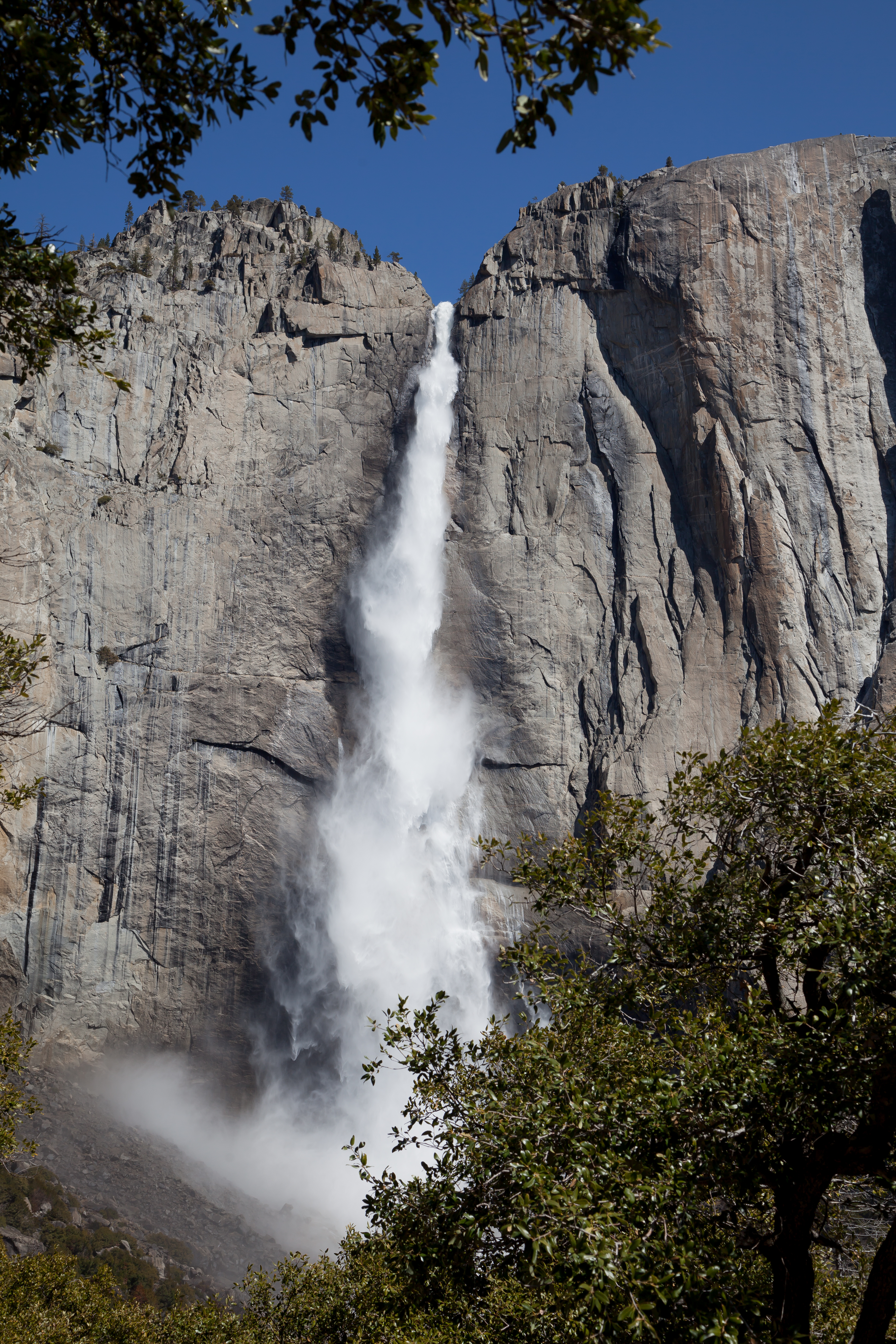 a view of Upper Yosemite Fall from below